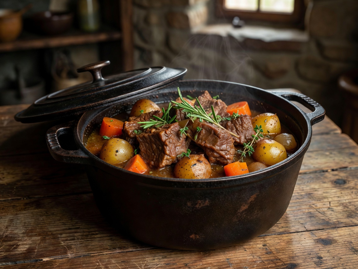 A rustic cast iron Dutch oven filled with a hearty stew