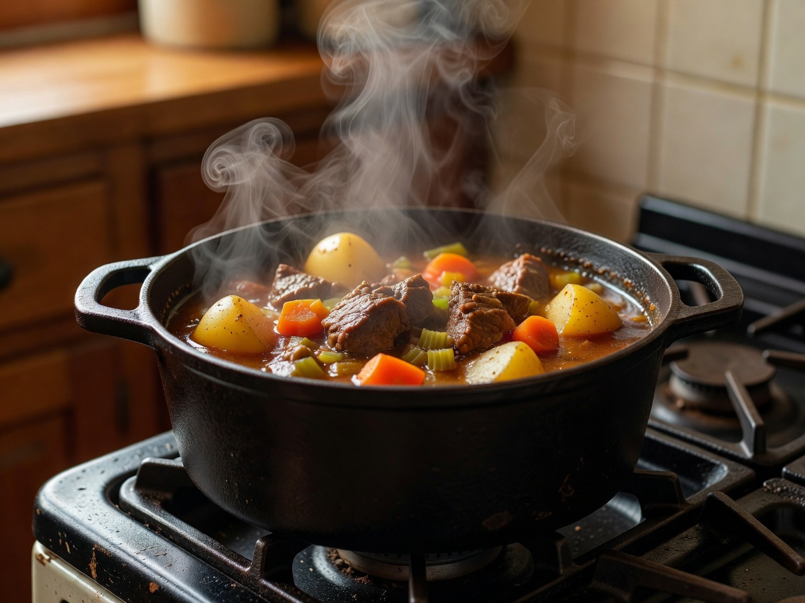 A steaming pot of hearty stew on a stovetop