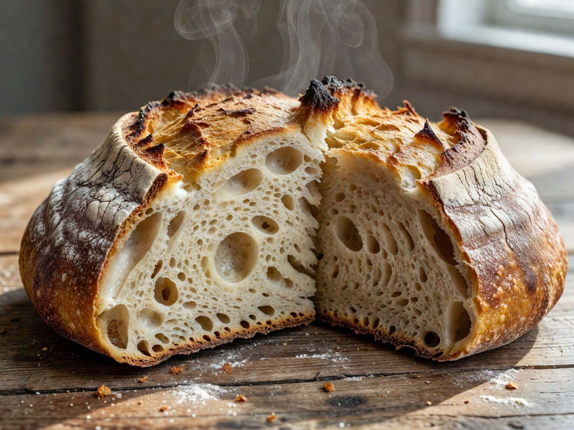 Crusty artisan sourdough bread freshly cut open