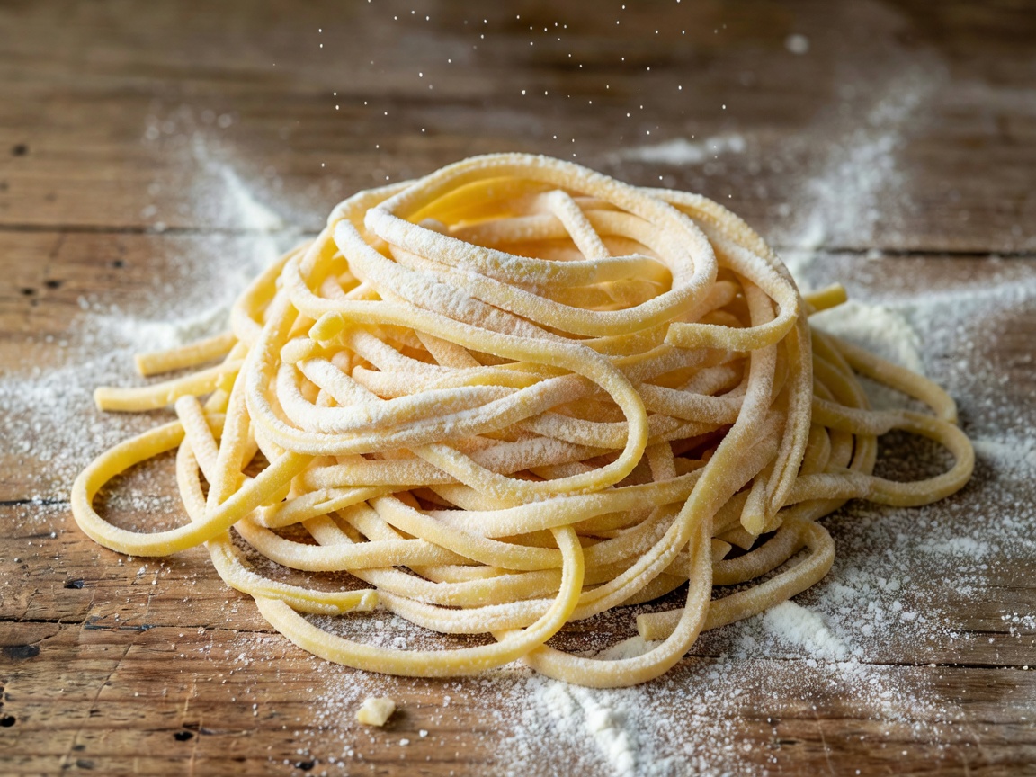 Fresh handmade pasta strands dusted with semolina flour