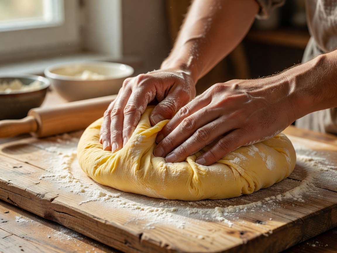 Hands kneading fresh pasta dough on a wooden board