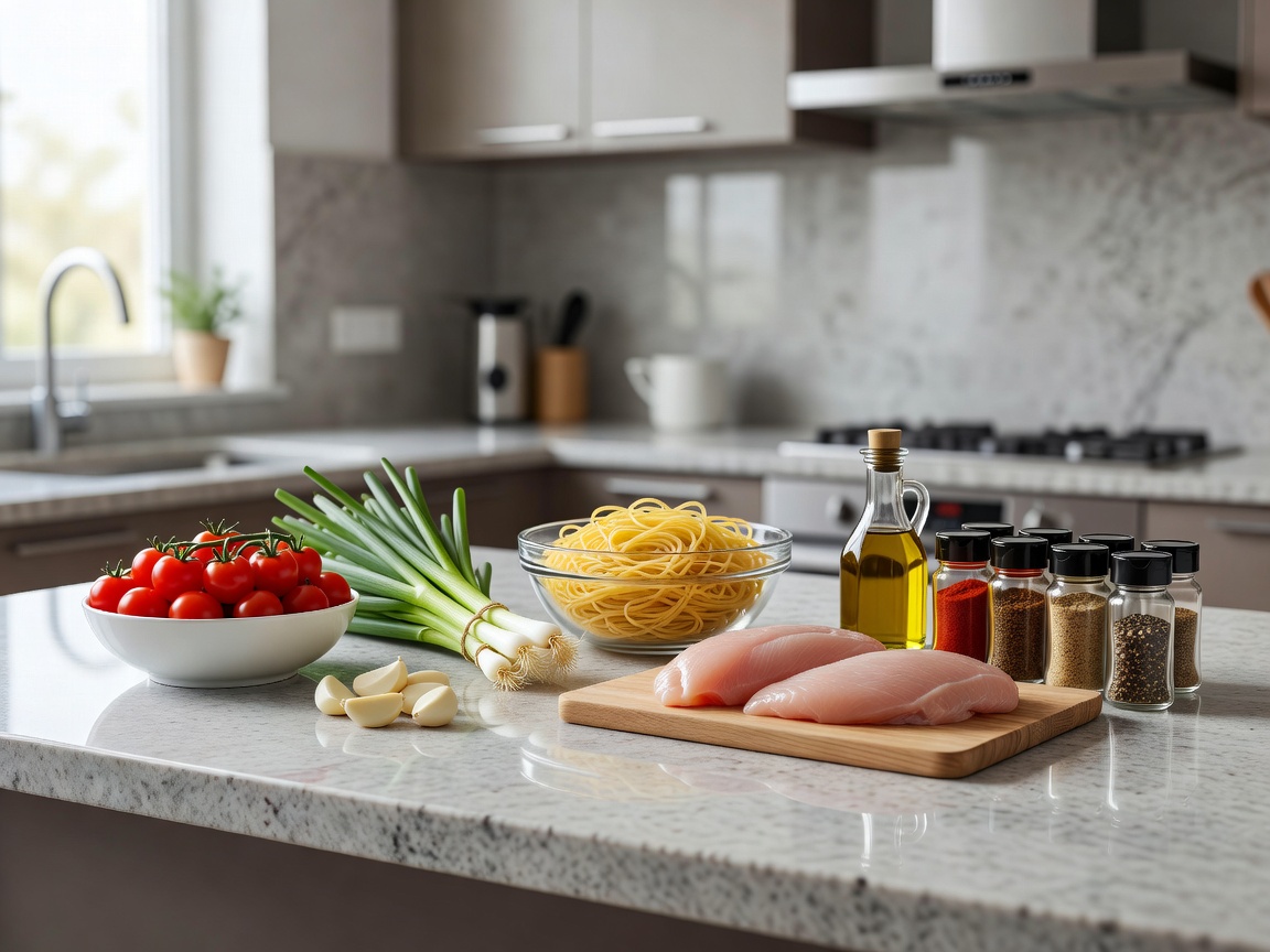 Ingredients laid out on a kitchen counter ready for quick cooking