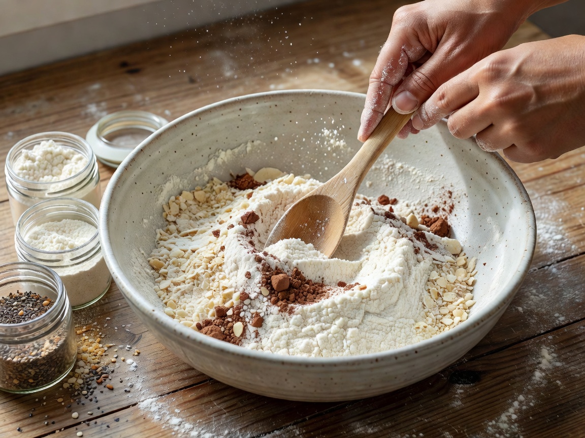 Mixing dry ingredients in a ceramic bowl for vegan baking