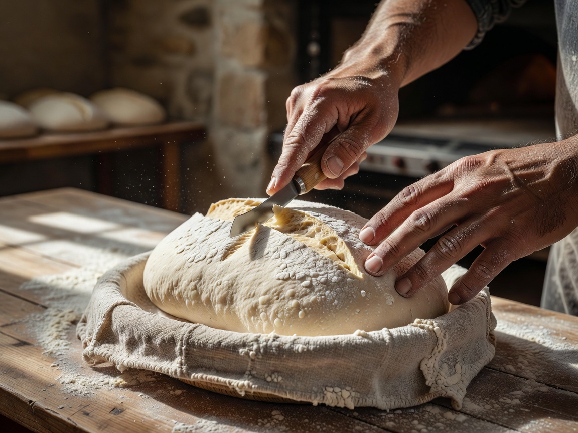 Scoring a raw sourdough loaf before baking